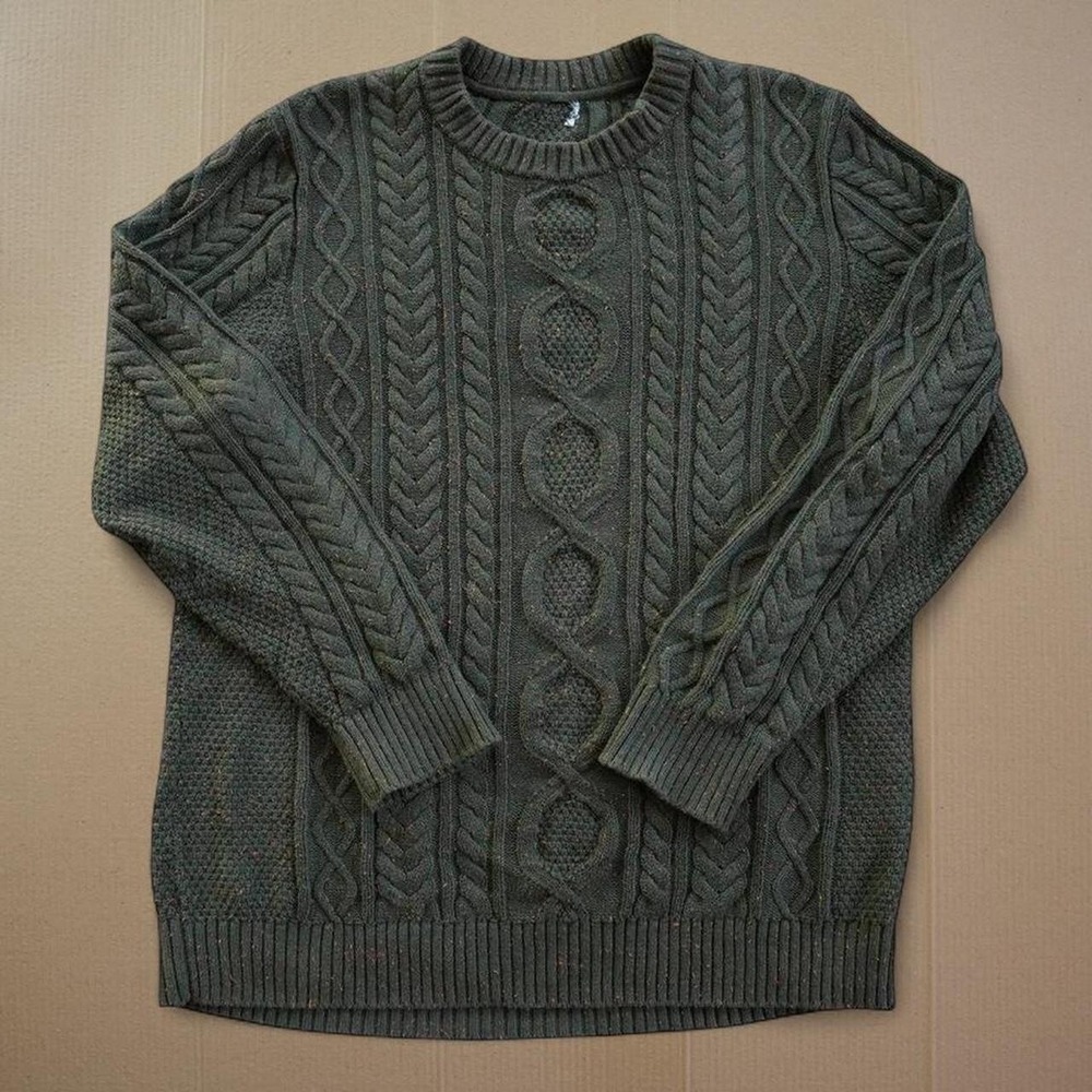 LL Bean Sweater Men Sz L Green Fisherman Cable Knit Organic Cotton Flaked